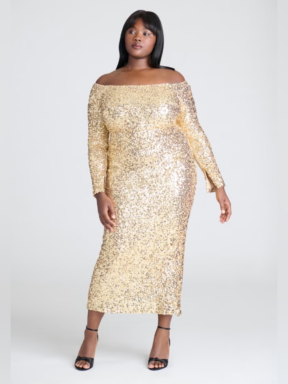 ELOQUII OFF THE SHOULDER SEQUIN COLUMN DRESS IN GOLD - Picture 4 of 12